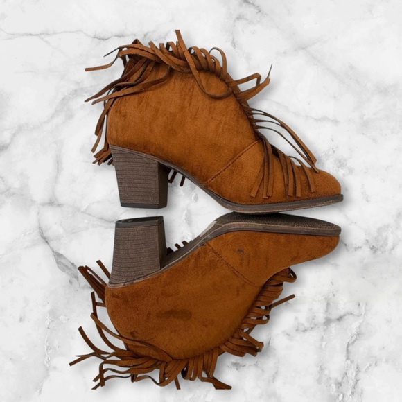 Mata Fringe Ankle Booties Sz 8.5M | Western Boho Suede Heel Boot | Brown - Picture 4 of 16
